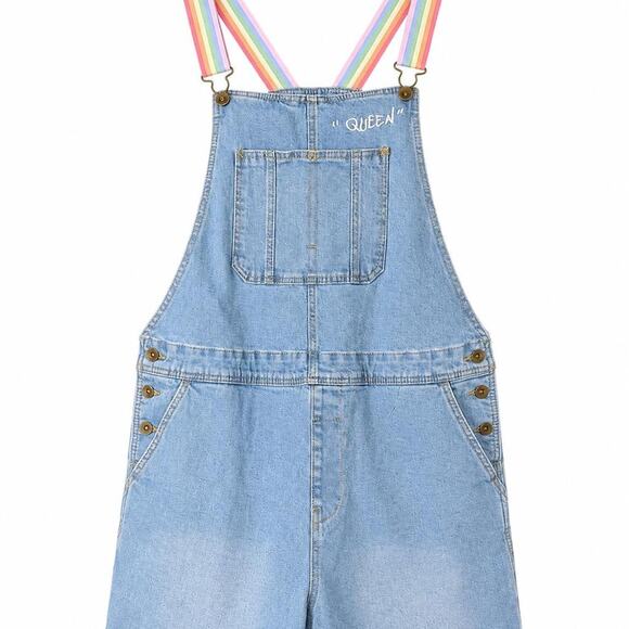 Rainbow Pants - Rainbow Strap Denim Romper Overalls “Queen” Embroidered Trendy Y2K Cottagecore